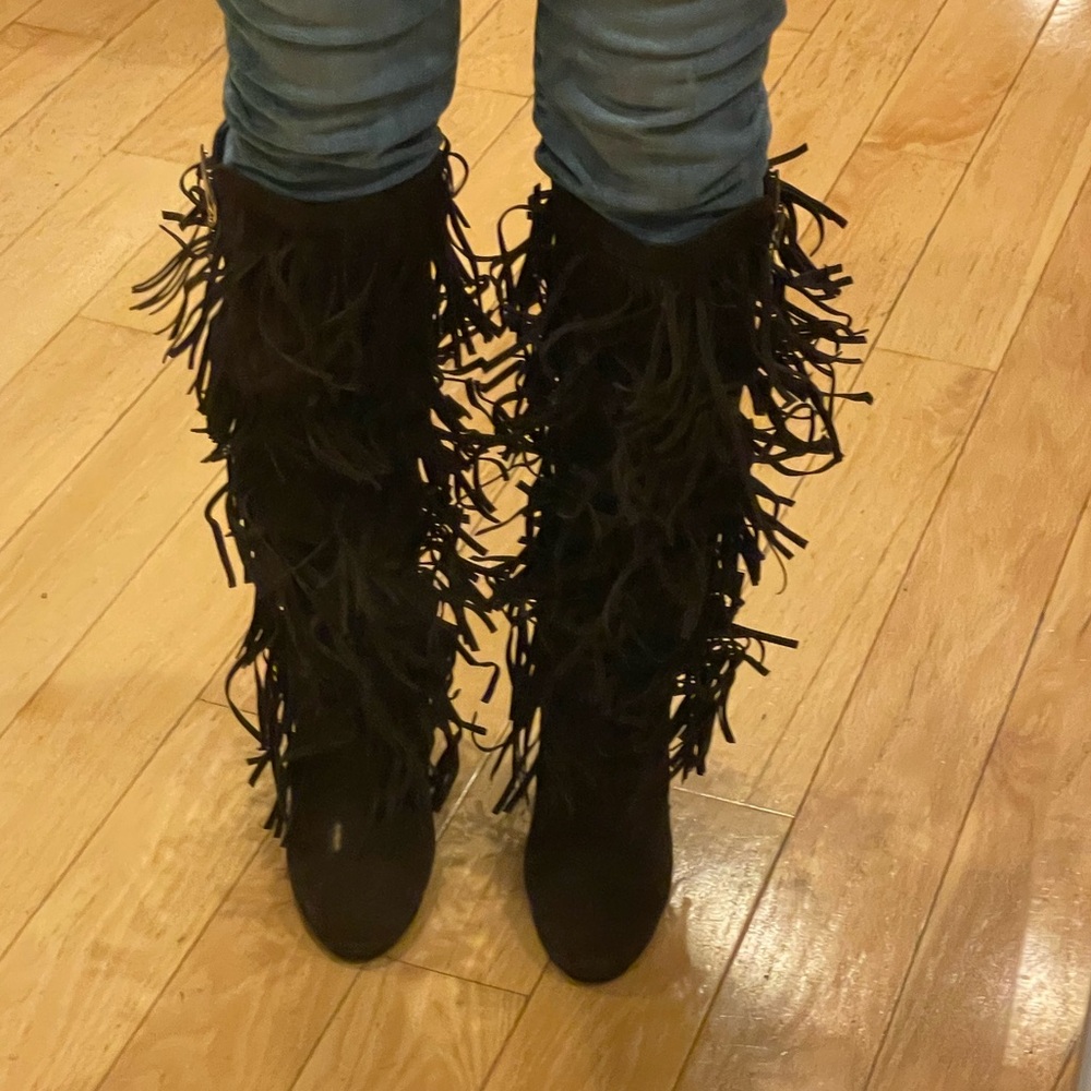 Fringe Chocolate Brown Knee-High Boots